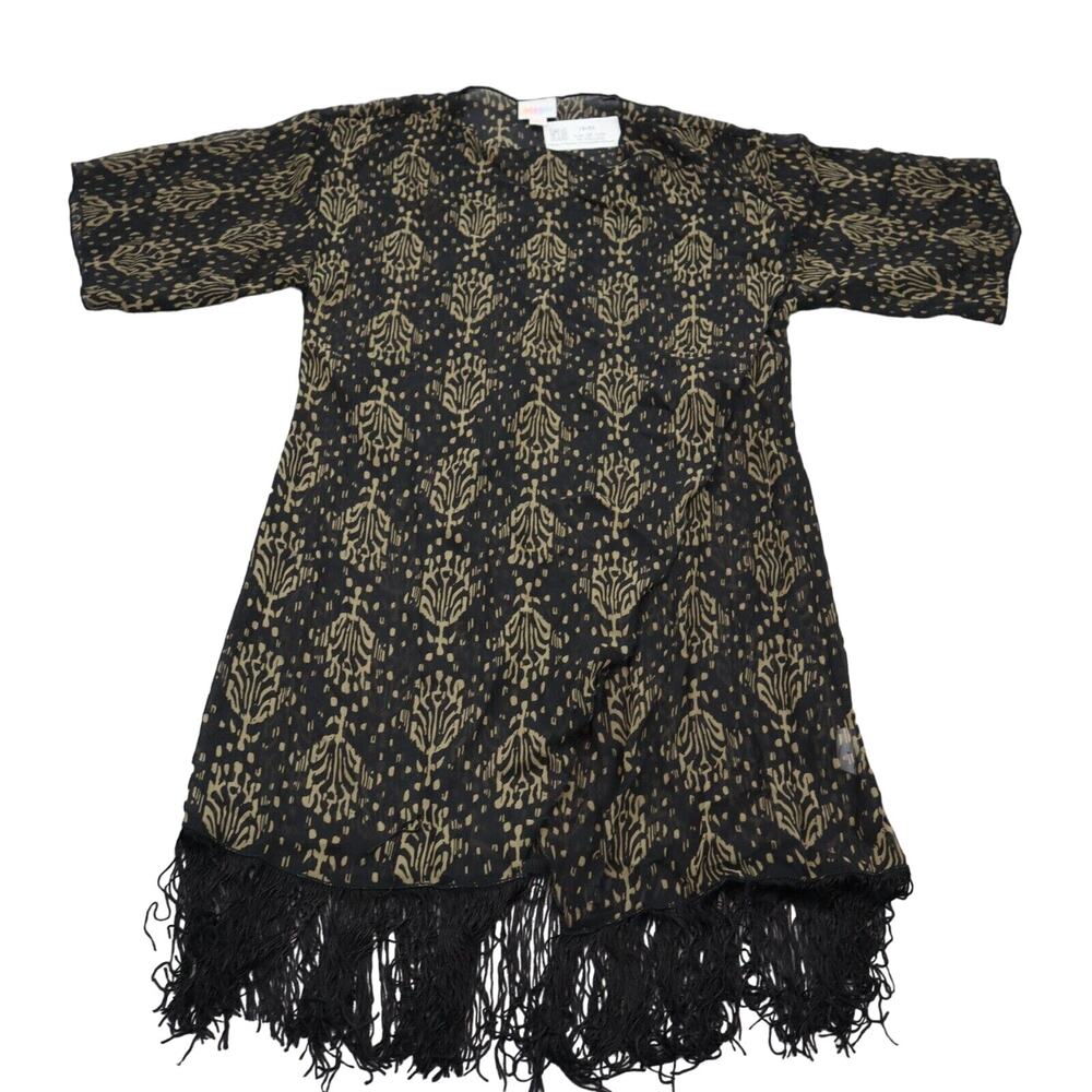LulaRoe Sweater Womens S Black Fringe Sheer Brown Long Cardigan Kimono Cover Up